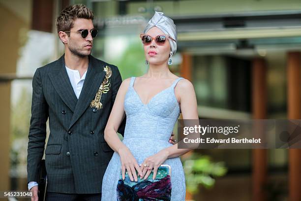 Ulyana Sergeenko and Frol Burimskiy, after the Elie Saab show, during Paris Fashion Week Haute Couture F/W 2016/2017, on July 6, 2016 in Paris,...