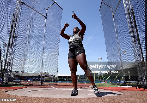 Amber Campbell, first place, competes in the Women's Hammer Throw Final during the 2016 U.S. Olympic Track & Field Team Trials at Hayward Field on...