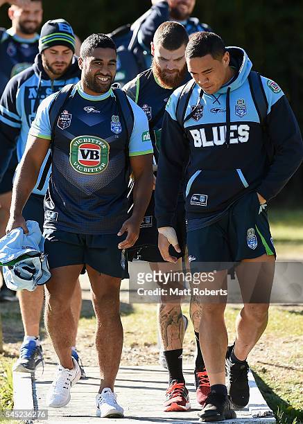 Michael Jennings and Tyson Frizell of the Blues arrive during the New South Wales State of Origin training session on July 7, 2016 in Coffs Harbour,...