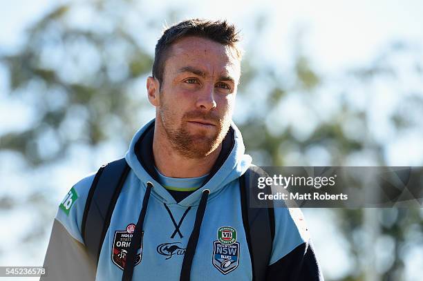 James Maloney of the Blues arrives during the New South Wales State of Origin training session on July 7, 2016 in Coffs Harbour, Australia.