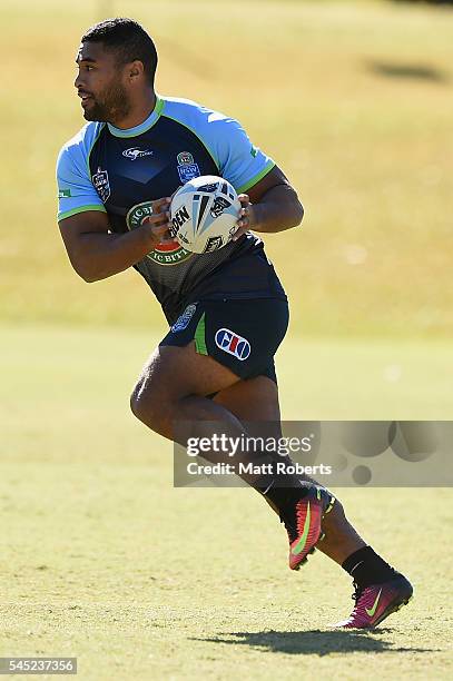 Michael Jennings of the Blues runs with the ball during the New South Wales State of Origin training session on July 7, 2016 in Coffs Harbour,...