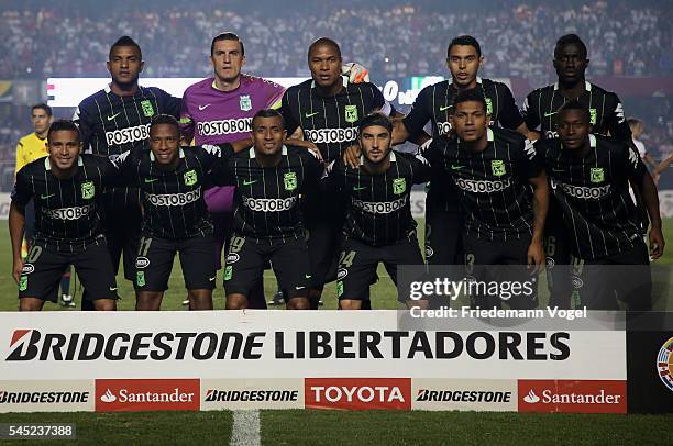 The team of Atletico Nacional lines up during semifinal first leg match of Copa Bridgestone Libertadores between Sao Paulo and Atletico Nacional at...