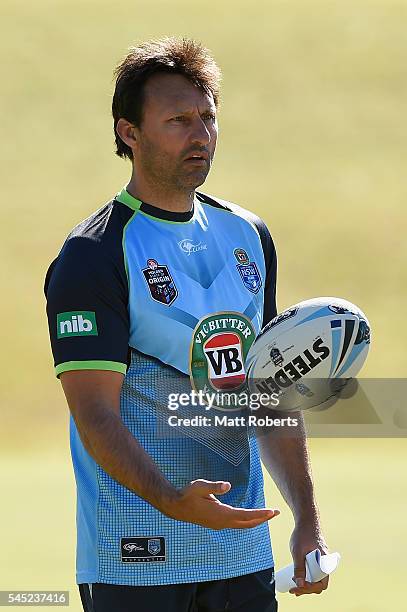 Coach Laurie Daley of the Blues looks on during the New South Wales State of Origin training session on July 7, 2016 in Coffs Harbour, Australia.