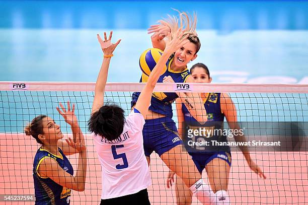 Thaisa Menezes of Brazil hits the ball during day one of the FIVB World Grand Prix Group 1 Final on July 6, 2016 in Bangkok, Thailand.