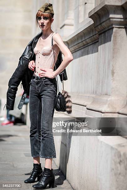 Teddy Quinlivan is seen, after the Jean-Paul Gaultier show, during Paris Fashion Week Haute Couture F/W 2016/2017, on July 6, 2016 in Paris, France.