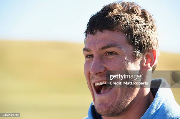 Josh Jackson of the Blues speaks to media before the New South Wales State of Origin training session on July 7, 2016 in Coffs Harbour, Australia.