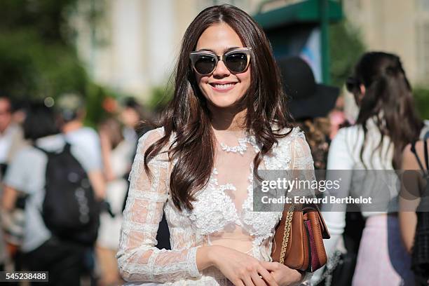 Araya Alberta Hargate is seen, after the Zuhair Murad show, during Paris Fashion Week Haute Couture F/W 2016/2017, on July 6, 2016 in Paris, France.