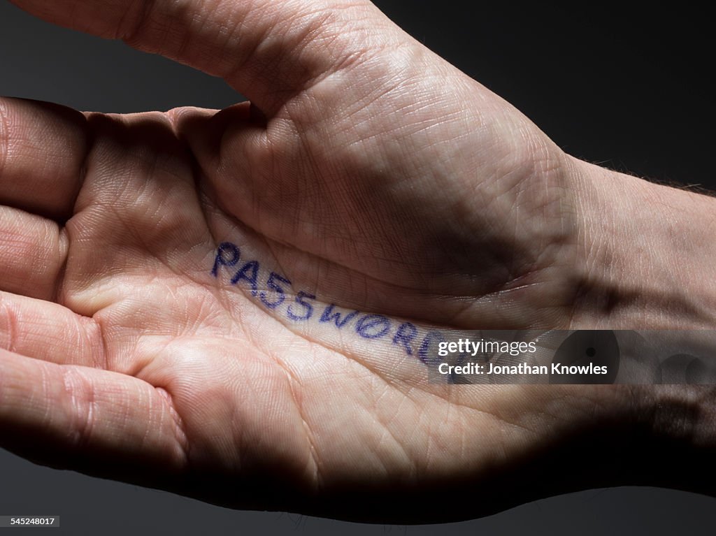 Image of an male hand with Password written on