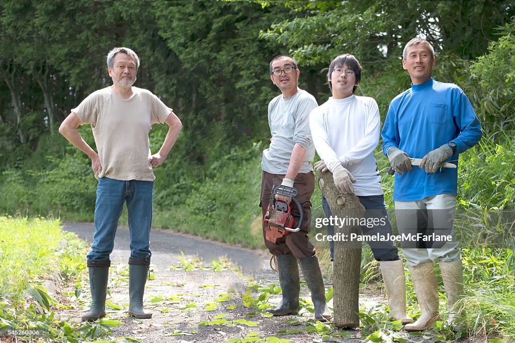 Japanese Men Neighbours Resting After Clearing Tree from Rural Road