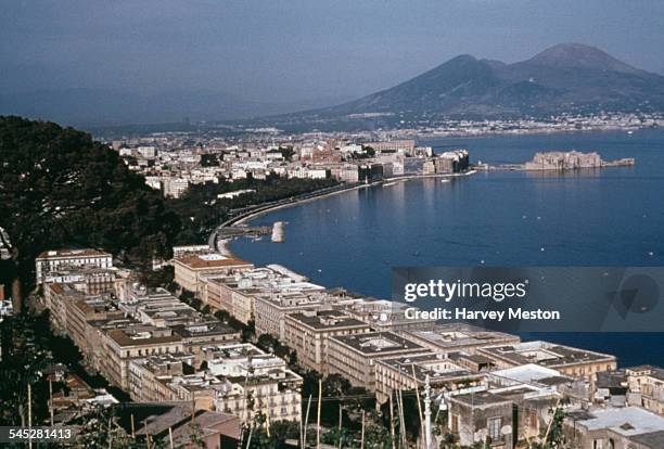 High angle view of the Gulf of Naples with Mount Vesuvius in the background, Italy, circa 1960.