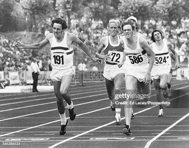 British middle distance runner Steve Ovett crosses the finish line ahead of Willi Wulbeck of West Germany and Erwin Gohlke of German Democratic...