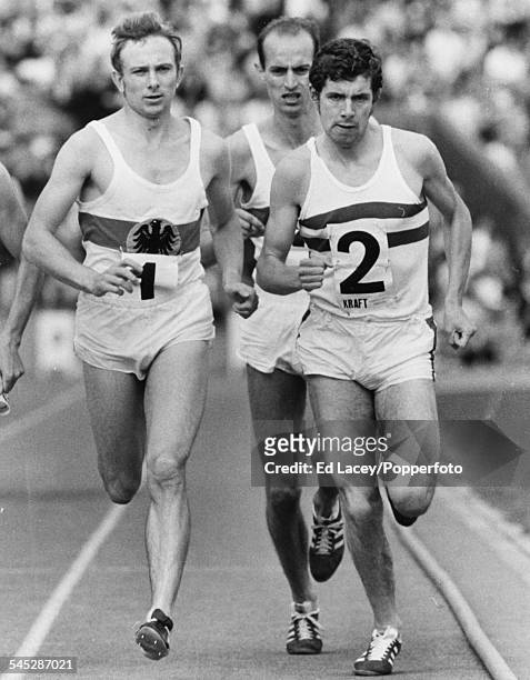 British athlete Brendan Foster takes the lead ahead of Heinz Mortl and eventual winner Harald Norpoth of West Germany during the 1500m race at...