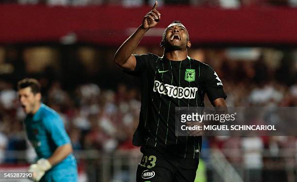 Miguel Borja of Colombia's Atletico Nacional, celebrates after scoring against Brazil's Sao Paulo, during their 2016 Copa Libertadores semi final...