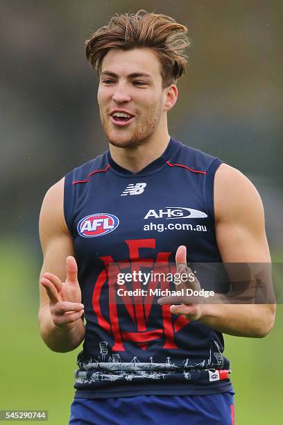 Jack Viney of the Demons celebrates a goal during a Melbourne Demons AFL training session at AAMI Park on July 7, 2016 in Melbourne, Australia.