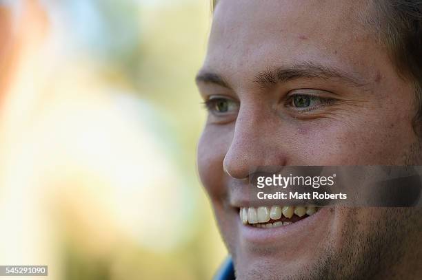 Matt Moylan of the Blues speaks to media after the New South Wales State of Origin training session on July 7, 2016 in Coffs Harbour, Australia.
