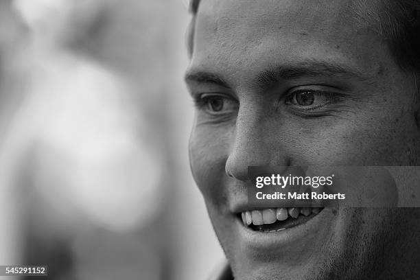 Matt Moylan of the Blues speaks to media after the New South Wales State of Origin training session on July 7, 2016 in Coffs Harbour, Australia.