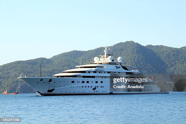 The 147 meter mega luxury yacht of Manchester City soccer club owner Sheikh Mansour bin Zayed al Nahyan from UAE, 'Topaz' anchors at Marmaris, Mugla,...