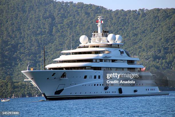 The 147 meter mega luxury yacht of Manchester City soccer club owner Sheikh Mansour bin Zayed al Nahyan from UAE, 'Topaz' anchors at Marmaris, Mugla,...