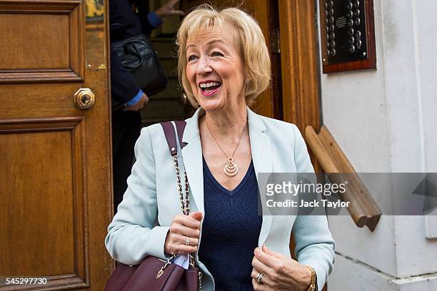 Andrea Leadsom, British Energy Secretary and Conservative Party leadership contender, leaves her home to go to a campaign rally on July 7, 2016 in...
