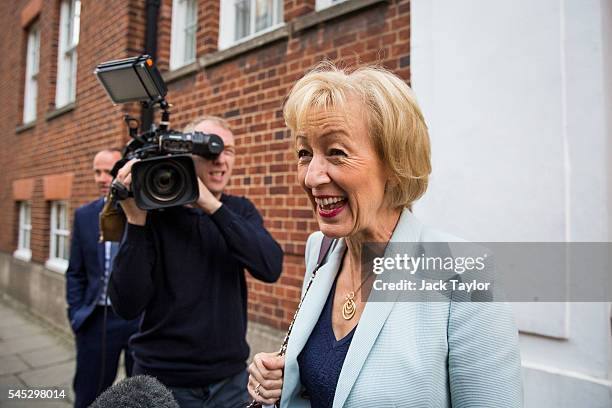 Andrea Leadsom, British Energy Secretary and Conservative Party leadership contender, leaves her home to go to a campaign rally on July 7, 2016 in...