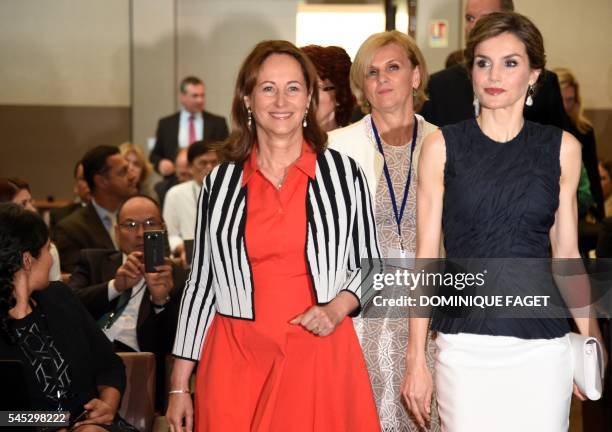 French Environment Minister Segolene Royal, WHO Public Health Director, Maria Nera and Spain's Queen Letizia arrive to attend the Second Global...