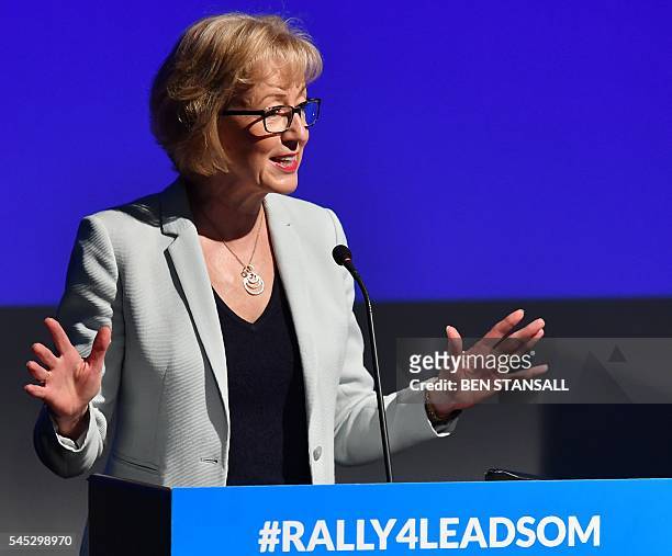 British Conservative Party leadership candidate Andrea Leadsom gestures as she delivers a leadership rally speech in central London on July 7, 2016....