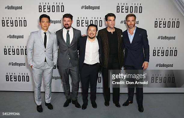 John Cho, Karl Urban, Justin Lin, Zachary Quinto and Chris Pine arrive ahead of the Star Trek Beyond Australian Premiere on July 7, 2016 in Sydney,...