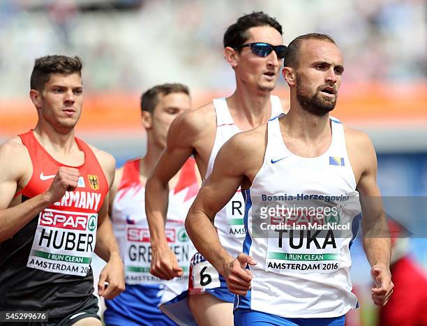 Amel Tuka of Bosnia and Herzegovina in action during his 800m heat on day two of The 23rd European Athletics Championships at Olympic Stadium on July...