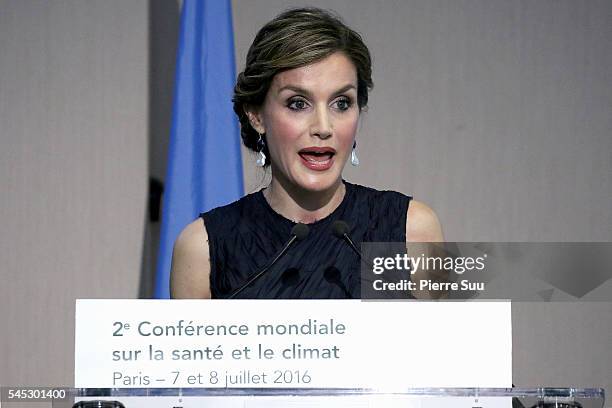 Queen Letizia of Spain delivers a speech at the The Second Global Conference on Health and Climate on July 7, 2016 in Paris, France.