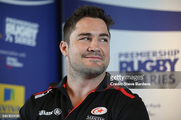 Brad Barritt of Saracens talks to the media during the 2016-17 Aviva Premiership Rugby Season fixtures announcement at BT Tower on July 7, 2016 in...