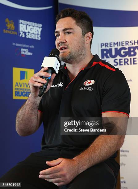 Brad Barritt of Saracens talks to the media during the 2016-17 Aviva Premiership Rugby Season fixtures announcement at BT Tower on July 7, 2016 in...