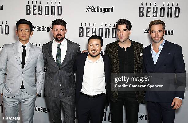 John Cho, Karl Urban, Director Justin Lin, Zachary Quinto and Chris Pine arrive ahead of the Star Trek Beyond Australian Premiere on July 7, 2016 in...