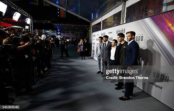 John Cho, Karl Urban, Director Justin Lin, Zachary Quinto and Chris Pine arrive ahead of the Star Trek Beyond Australian Premiere on July 7, 2016 in...