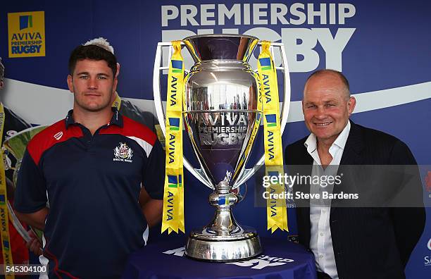 Marc Jones of Bristol Rugby and Bristol Rugby Director of Rugby, Andy Robinson pose with the Aviva Premiership trophy during the 2016-17 Aviva...