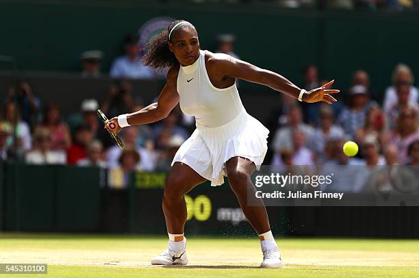 Serena Williams of The United States plays a forehand during the Ladies Singles Semi Final match against Elena Vesnina of Russia on day ten of the...