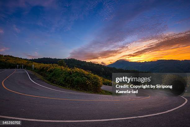 road curve at the hilltop of mae u kor in the morning before sunrise - mae hong son province stock pictures, royalty-free photos & images