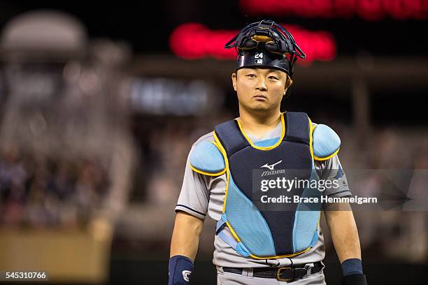 Hank Conger of the Tampa Bay Rays looks on against the Minnesota Twins on June 3, 2016 at Target Field in Minneapolis, Minnesota. The Rays defeated...