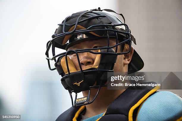 Hank Conger of the Tampa Bay Rays looks on against the Minnesota Twins on June 4, 2016 at Target Field in Minneapolis, Minnesota. The Rays defeated...