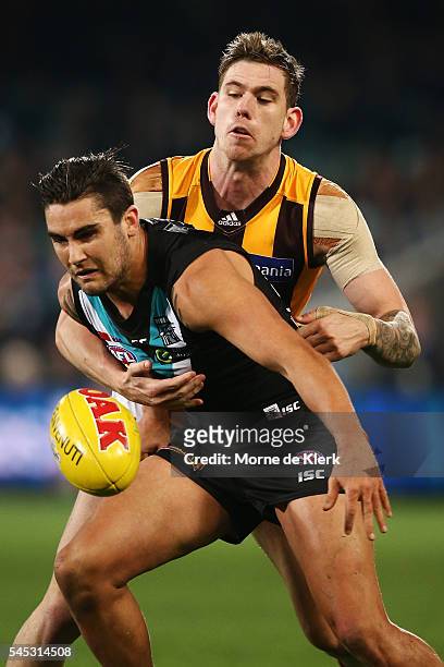 Chad Wingard of the Power competes for the ball during the round 16 AFL match between the Port Adelaide Power and the Hawthorn Hawks at Adelaide Oval...