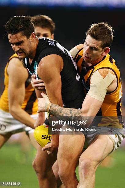 Chad Wingard of the Power competes for the ball during the round 16 AFL match between the Port Adelaide Power and the Hawthorn Hawks at Adelaide Oval...