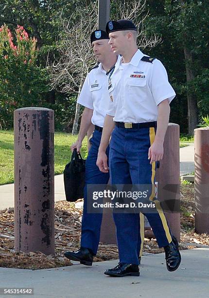 Army Sgt. Robert Bowdrie 'Bowe' Bergdahl, 30 of Hailey, Idaho, arrives at the Ft. Bragg military courthouse with his attorney Army Lt. Col. Franklin...