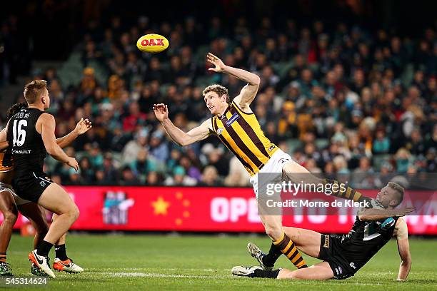 Ben McEvoy of the Hawks and Jackson Trengove of the Power competes in the ruck during the round 16 AFL match between the Port Adelaide Power and the...