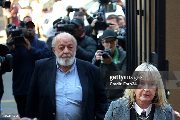 June and Barry, parents of murdered Reeva Steenkamp arrive at the Northern Gauteng High Court for Oscar Pistorius sentencing on July 06, 2016 in...