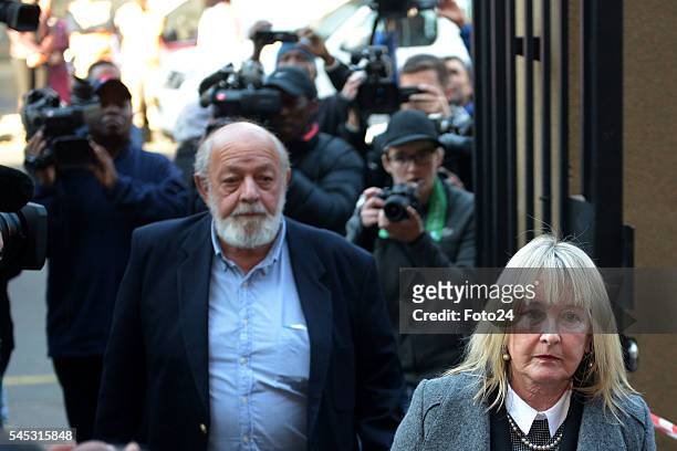 June and Barry, parents of murdered Reeva Steenkamp arrive at the Northern Gauteng High Court for Oscar Pistorius sentencing on July 06, 2016 in...