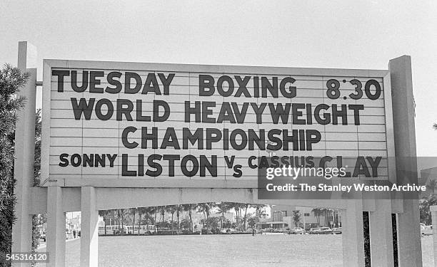 The sign posted outside the Convention Center in Miami Beach, Florida, February 25, 1964. Cassius Clay won the World Heavyweight Title by RTD in...