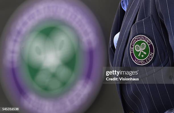 The Wimbledon logo on a line judges jacket at Wimbledon on July 5, 2016 in London, England.