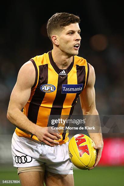 Luke Breust of the Hawks looks on during the round 16 AFL match between the Port Adelaide Power and the Hawthorn Hawks at Adelaide Oval on July 7,...