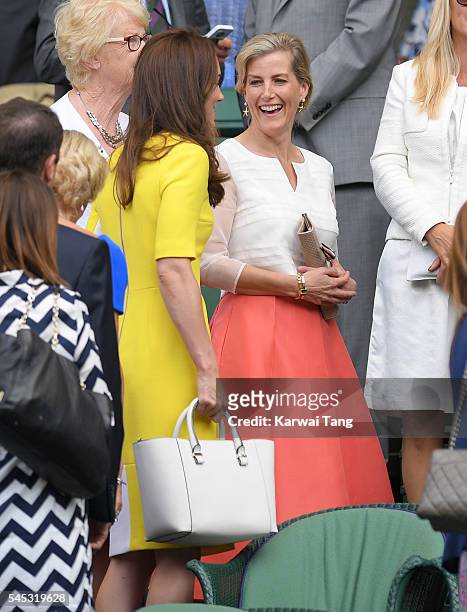 Catherine, Duchess of Cambridge and Sophie, Countess of Wessex attend day ten of the Wimbledon Tennis Championships at Wimbledon on July 07, 2016 in...
