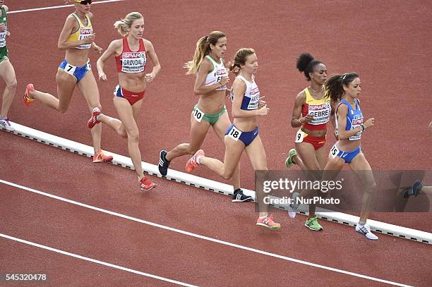 Veronica Ingress Trihas Gebre Jess Andrews Dulce Felix , Karoline Grovdal , and Sarah Lahti during the 10000m final at the 23rd European Athletic...