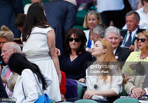 Actress Sophie Turner watches on from The Royal Box as Serena Williams of The United States plays Elena Vesnina of Russia during the Ladies Singles...